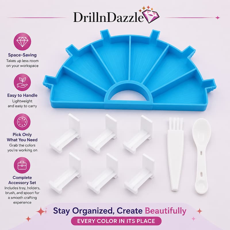 A blue semi-circular silicone organizer tray with multiple compartments, shown with several white accessory pieces including holders, a fork, and a spoon on a light pink background. The brand name DrillinDazzle appears at the top, with feature callouts along the left side.