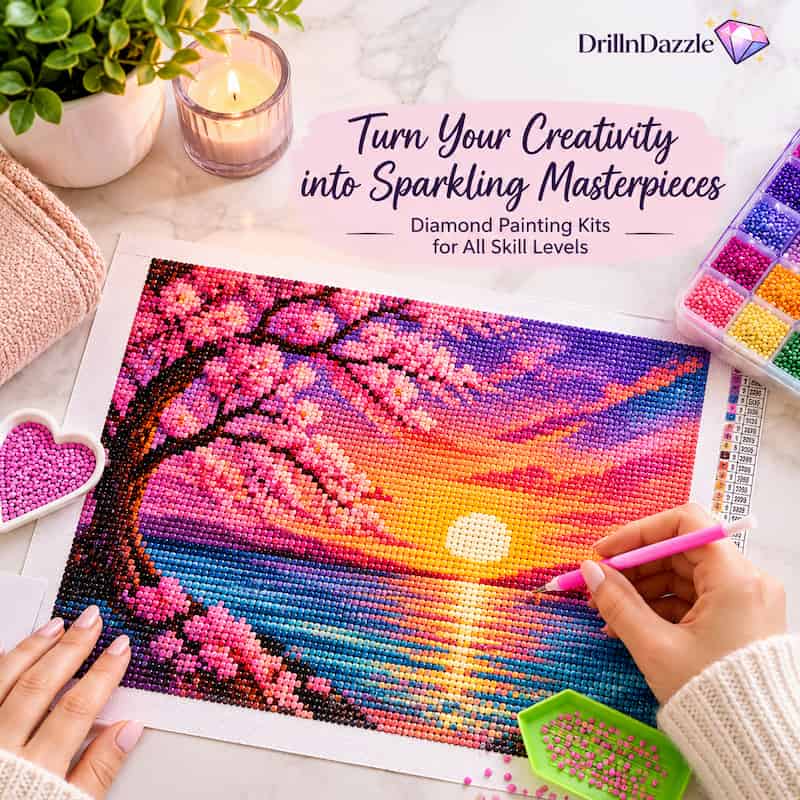 A person's hands are shown using a pink diamond painting pen to create a colorful cherry blossom sunset scene on a canvas. The scene is styled as a flat-lay with a marble background, a lit candle, a potted plant, and a box of colorful diamond painting beads.