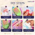 A six-step DIY diamond painting guide from DrillInDazzle, showing hands and tools for finding diamond bags, applying clay, peening, adsorbing, sticking diamonds, and pressing finished painting on a colorful illustrated canvas.