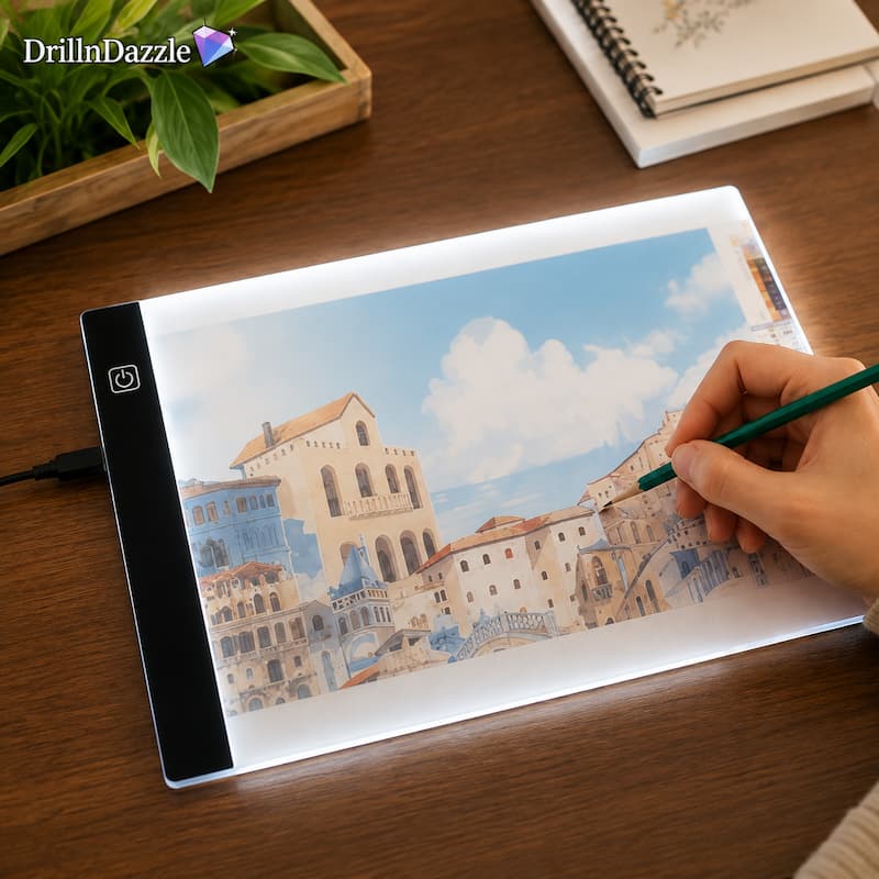 An illuminated drawing tablet on a wooden desk, showing a painted scene of buildings and sky. A hand holds a green pencil over the screen, with a plant and notebook in the background.