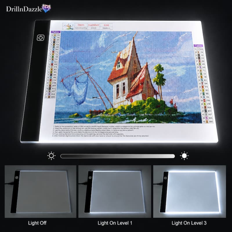 An illuminated diamond painting light from DrillinDazzle showing a completed coastal house design, with three smaller panels below demonstrating light levels off and on at different intensities.