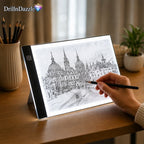 An illuminated drawing board on a wooden desk, showing a black-and-white architectural sketch. A hand holds a pencil near the board, with pencils in a vase, a small plant, and a curtain backdrop in the room.