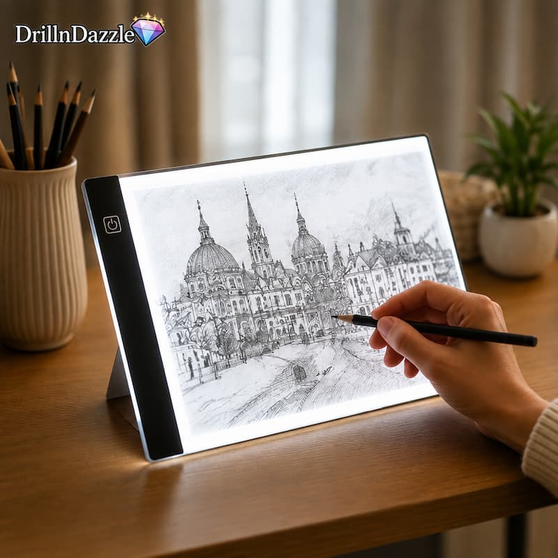 An illuminated drawing board on a wooden desk, showing a black-and-white architectural sketch. A hand holds a pencil near the board, with pencils in a vase, a small plant, and a curtain backdrop in the room.