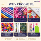 An informational marketing graphic for a diamond painting kit by DrillDazzle, titled 'WHY CHOOSE US'. The graphic features six colored panels showing close-ups of colorful beads, a hand applying strong adhesive glue, water droplets on a printed canvas, a color chart, and a set of tools (a pink paintbrush and a green bottle).