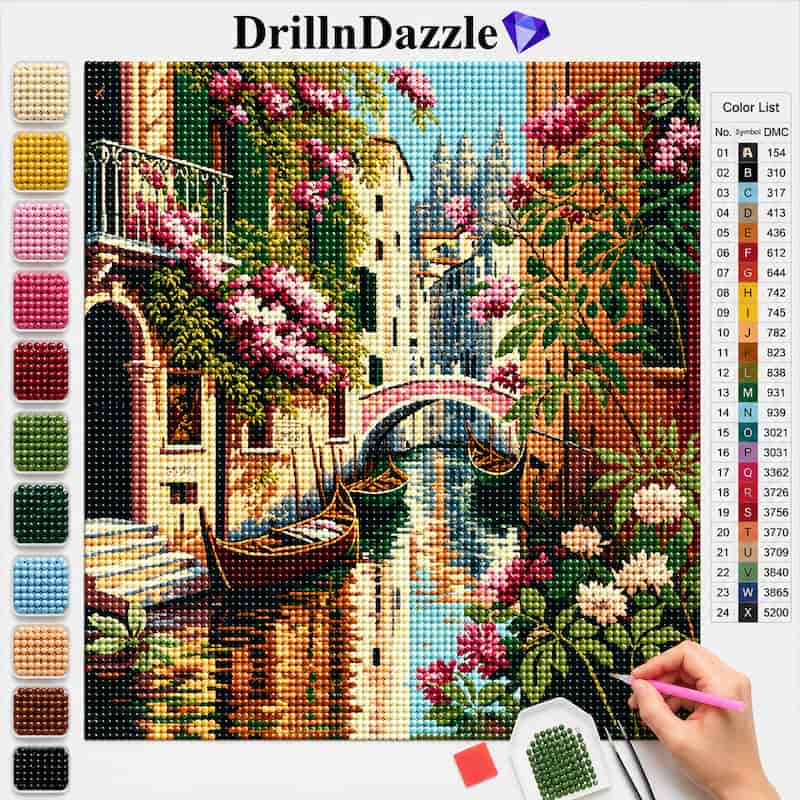 A diamond painting kit by DrillnDazzle showing a colorful canal scene with houses, boats, and pink flowers. The image includes a color list chart on the right and a vertical row of color swatches on the left.