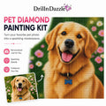DrillnDazzle Pet Diamond Painting Kit promotional graphic showing a golden retriever portrait painted in a pixelated diamond-painting style, with a small inset of the original photo and text highlighting personalization and sparkly details.