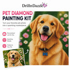 DrillnDazzle Pet Diamond Painting Kit promotional graphic showing a golden retriever portrait painted in a pixelated diamond-painting style, with a small inset of the original photo and text highlighting personalization and sparkly details.