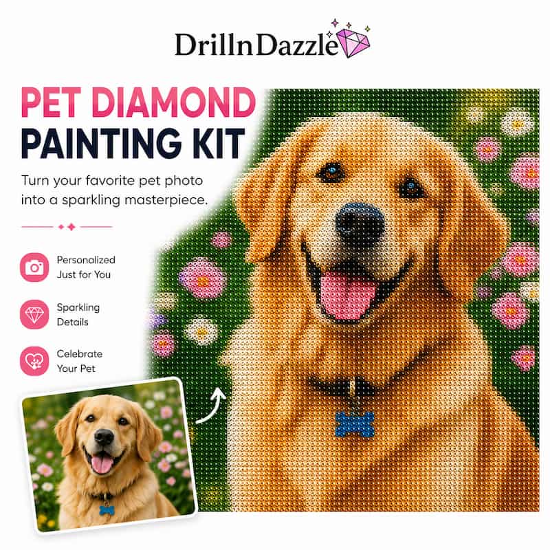 DrillnDazzle Pet Diamond Painting Kit promotional graphic showing a golden retriever portrait painted in a pixelated diamond-painting style, with a small inset of the original photo and text highlighting personalization and sparkly details.