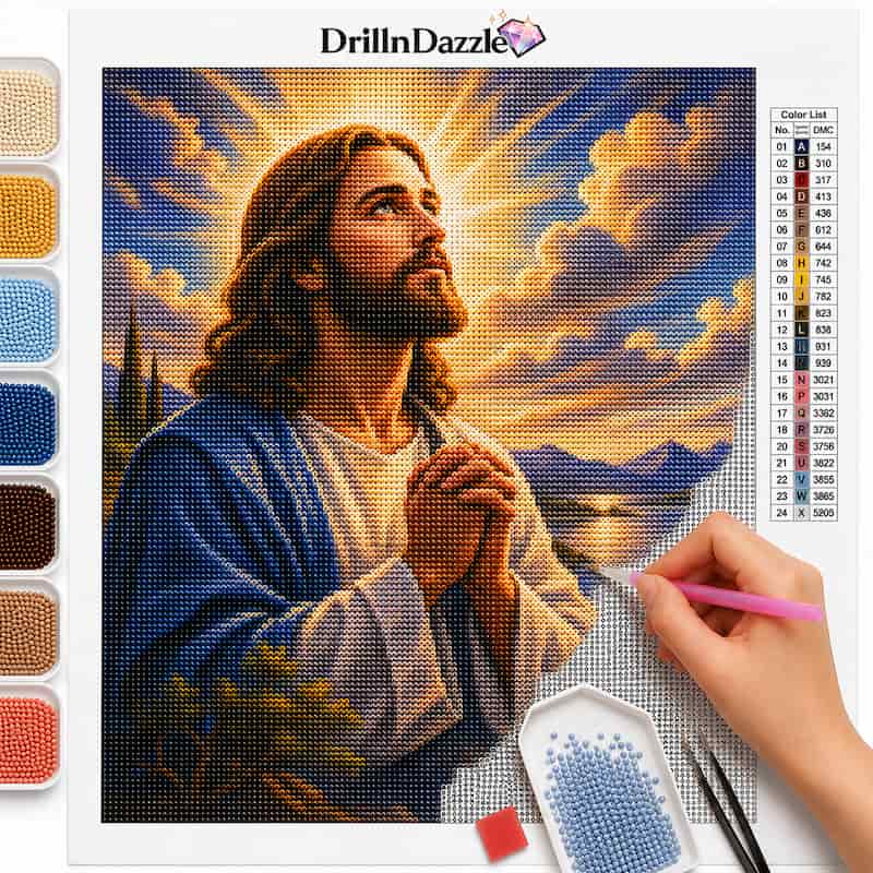 A diamond painting kit sheet featuring an illustration of Jesus with hands clasped, surrounded by a colorful sky and clouds. The left side shows rows of colored beads, and a hand holds a pink needle tool on the right.