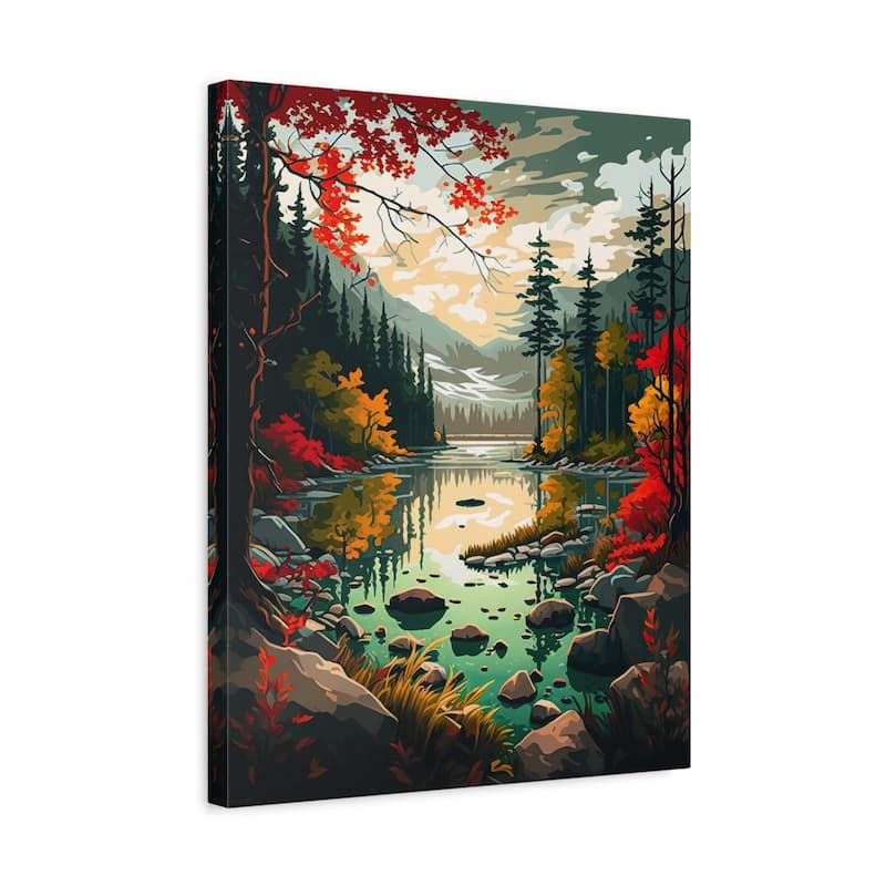 A vertical canvas wall art print depicting a stylized autumn forest scene with a reflective lake, red and yellow foliage, dark evergreen trees, and distant mountains under a cloudy sky.