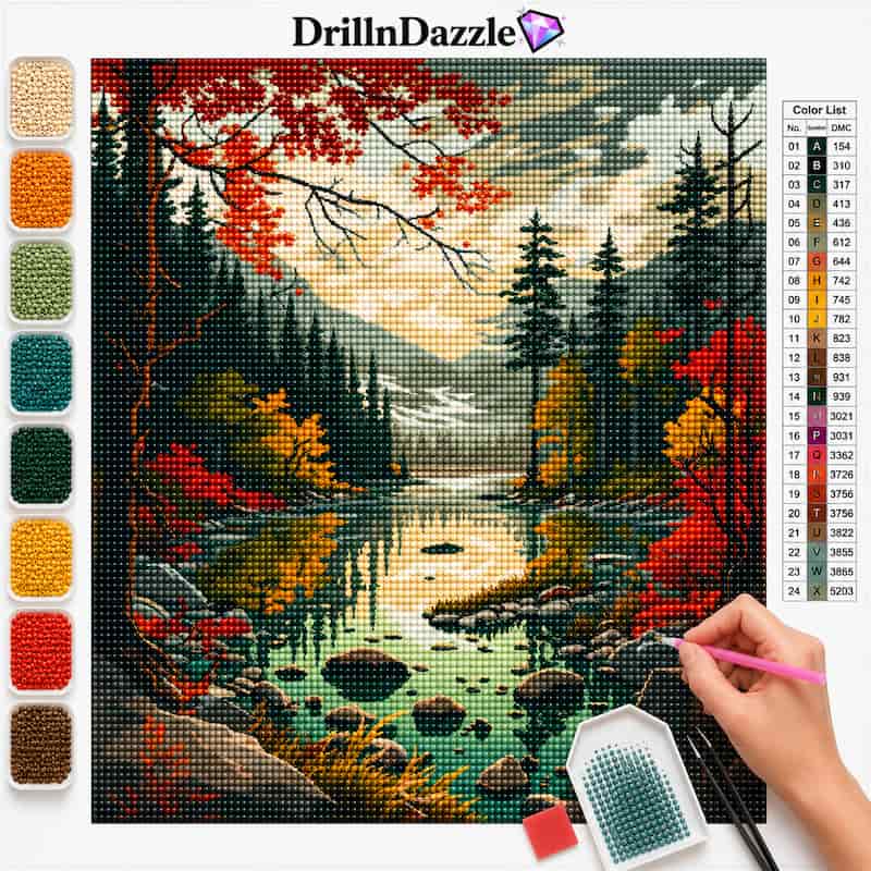 A diamond painting or cross-stitch style landscape kit showing a colorful autumn forest lake scene, with a hand holding a paint pen at the lower right. The image includes a color list chart, a vertical row of color swatches on the left, the DrillInDazzle brand name at the top, and a small palette holder with blue beads at the bottom.
