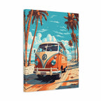 A rectangular canvas wall art print showing a retro orange and cream Volkswagen camper van driving on a sandy beach lined with tall palm trees under a bright blue sky. The canvas is photographed at a slight angle against a clean white background.