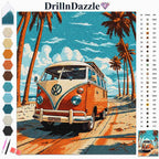 A diamond painting-style artwork preview showing a vintage orange and cream VW bus on a beach road with palm trees under a blue sky. The image includes a color palette strip on the left, a numbered symbol reference chart on the right, and the brand name DrillnDazzle at the top.