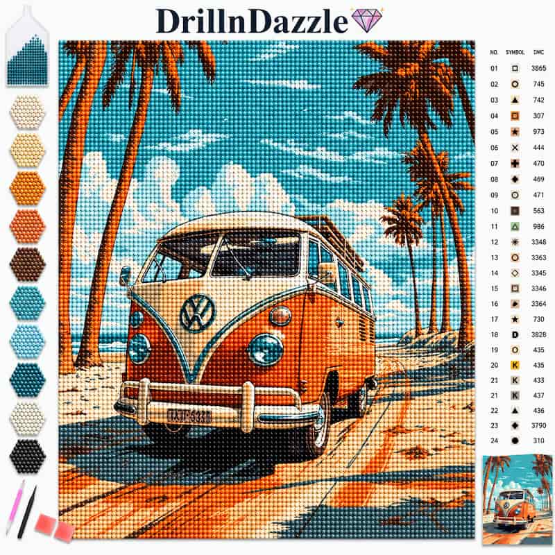 A diamond painting-style artwork preview showing a vintage orange and cream VW bus on a beach road with palm trees under a blue sky. The image includes a color palette strip on the left, a numbered symbol reference chart on the right, and the brand name DrillnDazzle at the top.