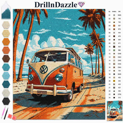 A diamond painting-style artwork preview showing a vintage orange and cream VW bus on a beach road with palm trees under a blue sky. The image includes a color palette strip on the left, a numbered symbol reference chart on the right, and the brand name DrillnDazzle at the top.